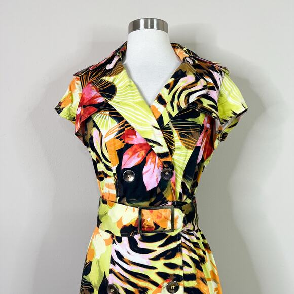 Cache | 90s Vintage Tropical Animal Print Double Breasted Belted Sheath Dress 8 - Picture 3 of 10